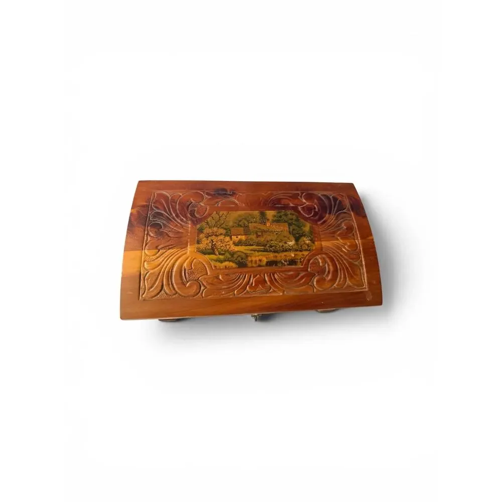 Vintage Hand Carved Cedar Trinket Jewelry Box Lot of 2 Glass Lid Wood Keepsake C